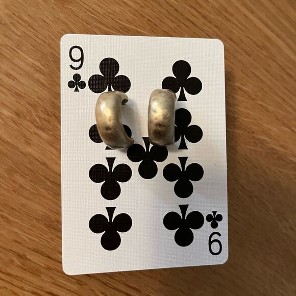 Gold tone hammered huggie hoop earrings 925 studs - Picture 2 of 5